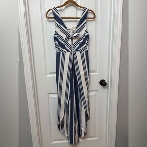 Taylor & Sage Navy and White Linen-Blend Striped Sleeveless Jumpsuit
